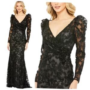 Mac Duggal 11324 Black Lace Embroidered Long Sleeve Illusion Gown Dress Size 10